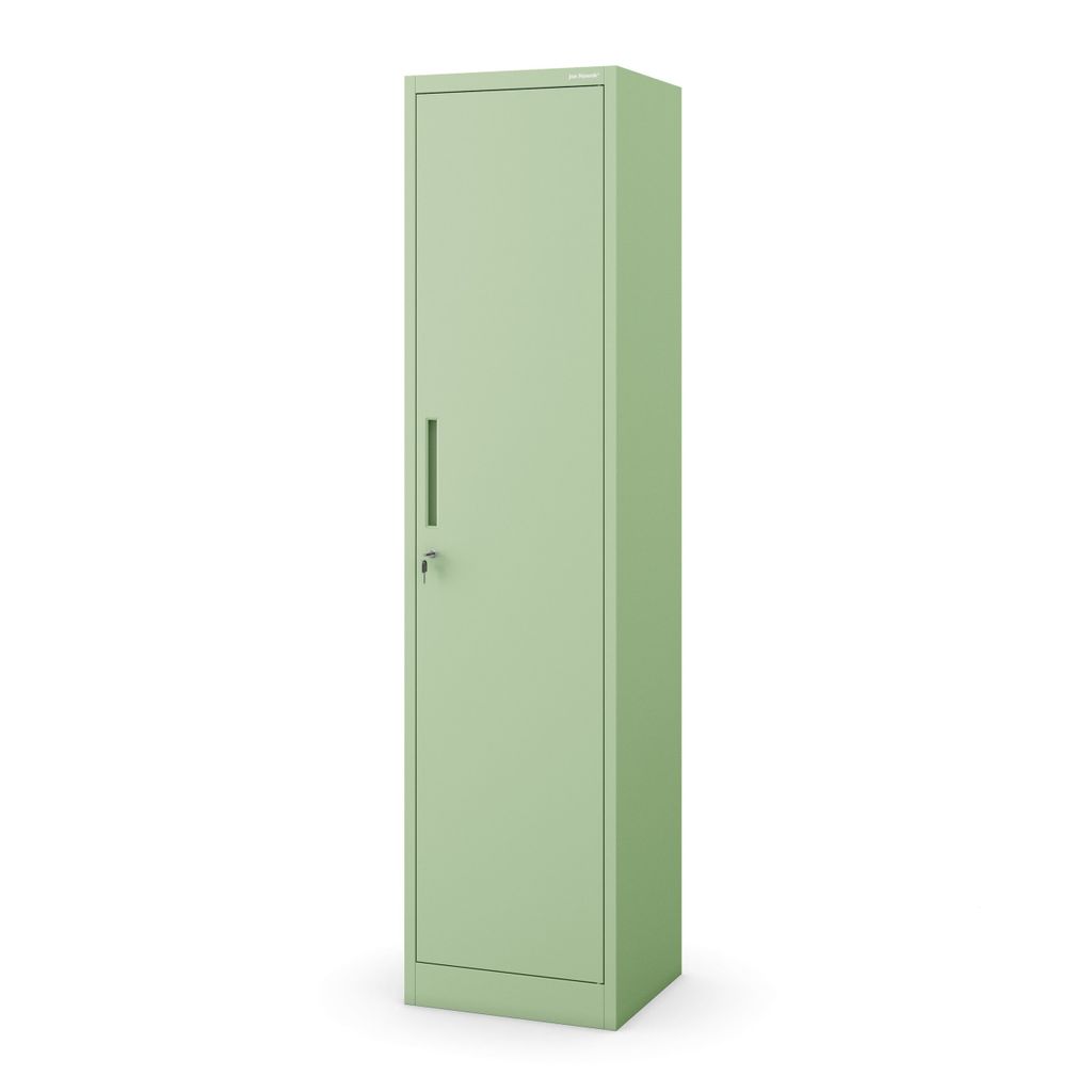 A single, tall, light green metal cabinet with a single door and a lock is shown against a white background.