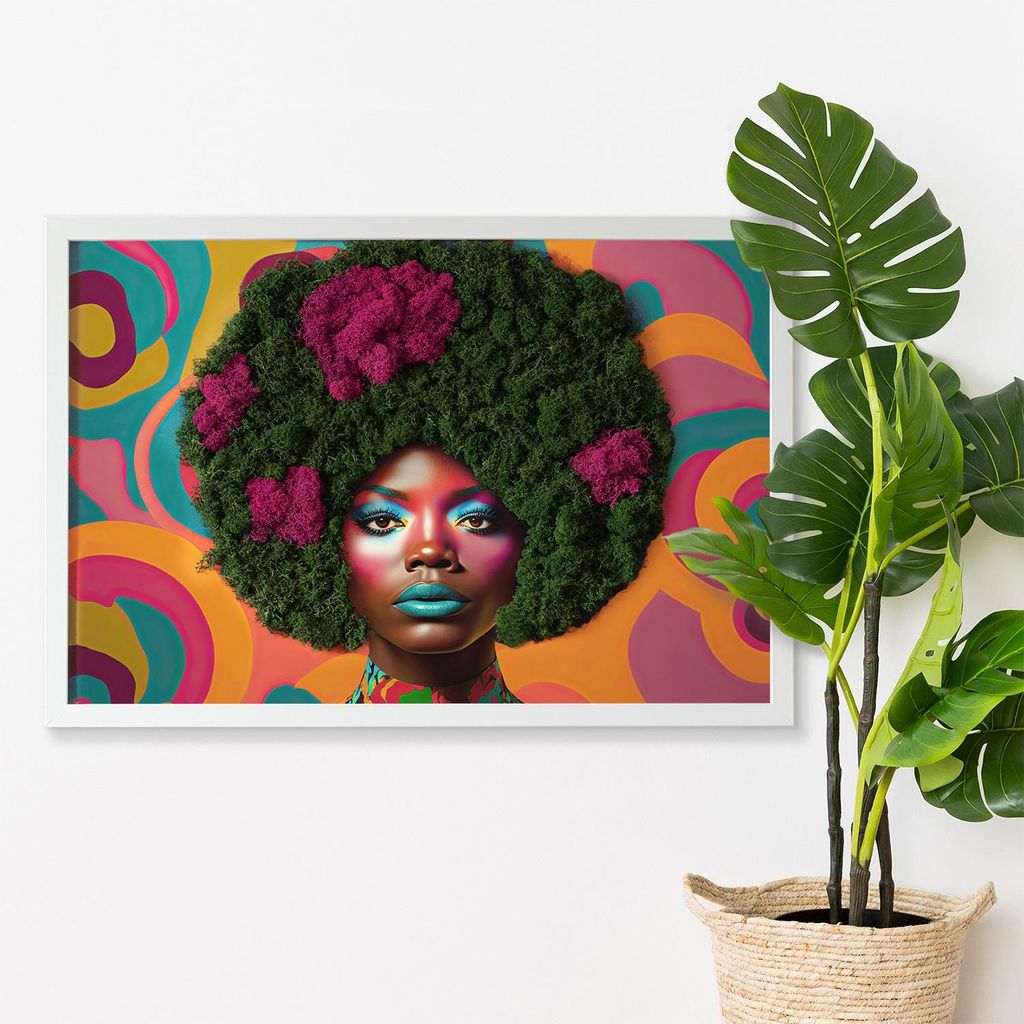 Moosbild mit Konserviertem Moos 3D Wandbild - 60x40 cm - Weißer MDF-Rahmen - Frau mit Afro