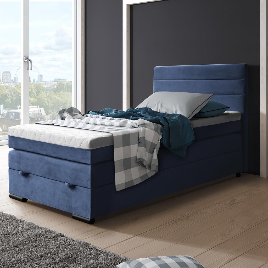 Boxspringbett Tulia 120 x 200 cm Einzelbett mit Topper Bett mit Taschenmatratze und Federkernmatratze Bettkasten, Stoff: mono 232 - Blau