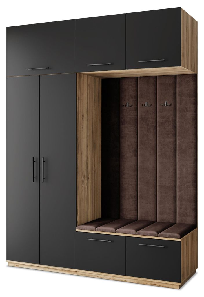 Masseno Garderobe-Set REMA 180/240/60 cm Modern Garderobenschrank Eiche Wotan, Veloursstoff MONOLITH 29 (Braun)