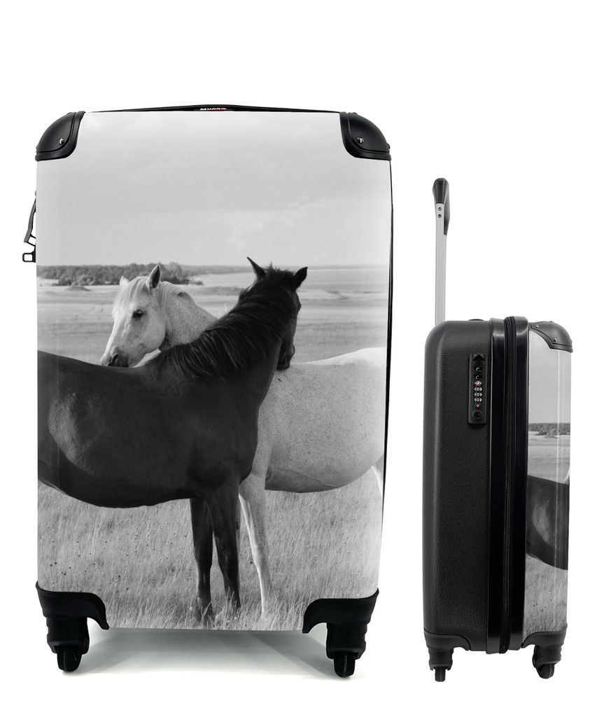 MuchoWow Koffer Handgepäck Trolley Rollkoffer Kleine Reisekoffer mit 4 Rollen - Pferde - Tiere - Porträt - Schwarz-Weiß - Landleben - Cabin Si...