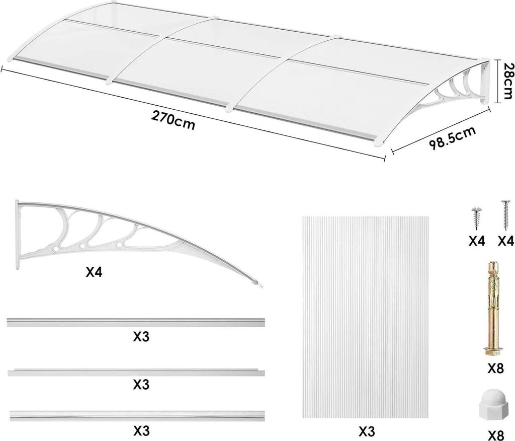 Vordach für Tür/Fenster - Überdachung - 270 x 98,5 cm - Polycarbonat Hohlkammerplatte - Aluminiumrahmen - UV- & Regen-Schutz - Wandmontage - Weiß