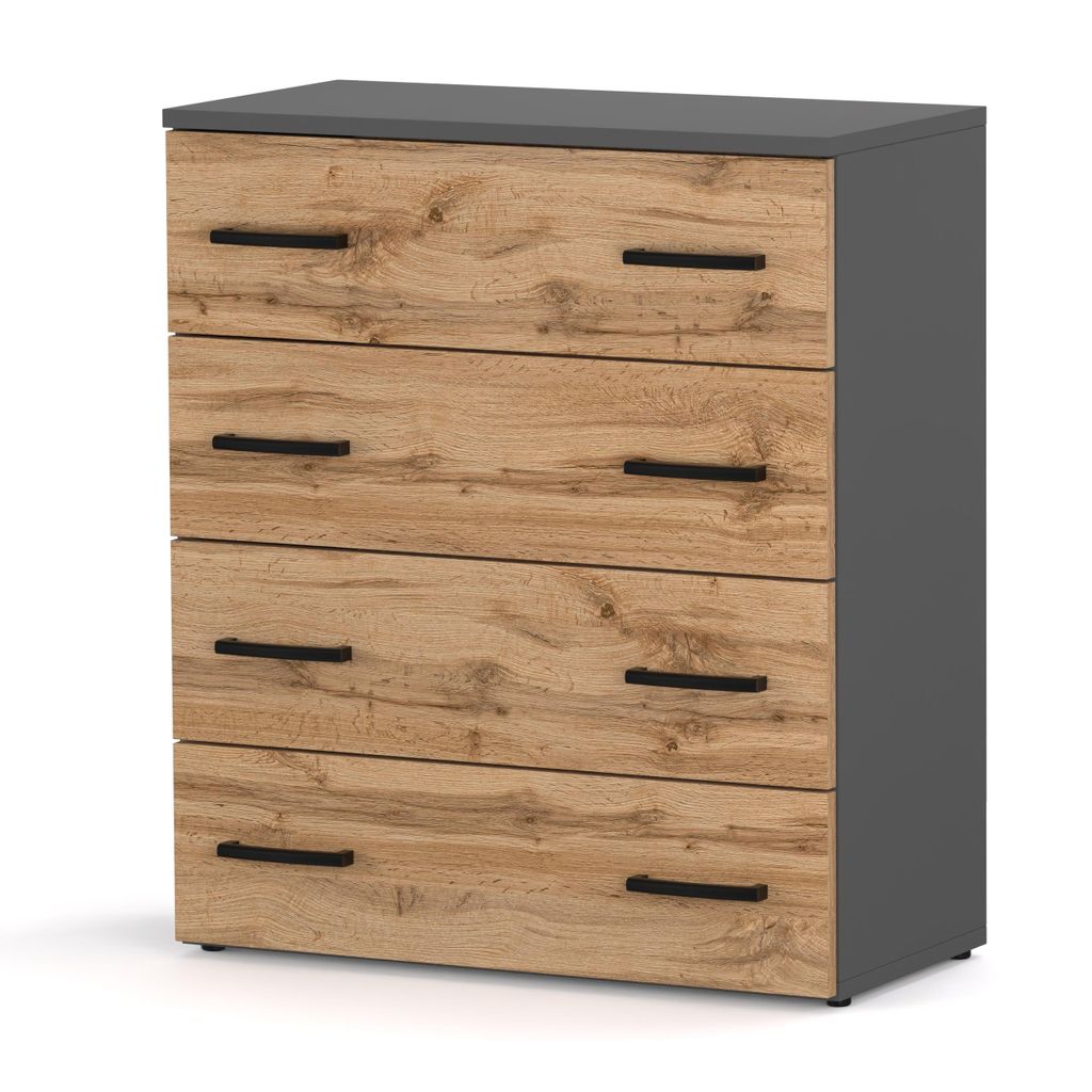 A modern chest of drawers with a gray matte top and sides, and four wooden drawers with black handles, set against a white background.