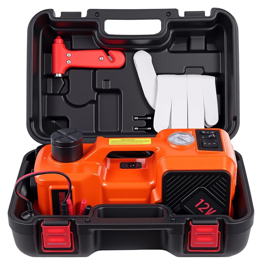 Auto Wagenheber - Elektrischer hydraulischer Wagenheber 5 t - 12V - Verstellbare Höhe - Mit Luftpumpe und LED-Licht - Für Reifenwechsel
