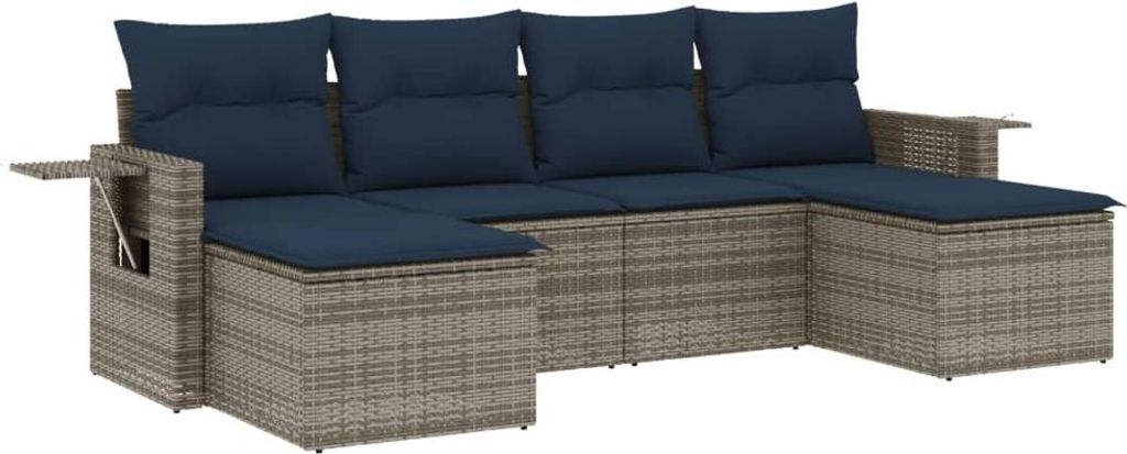 6-teiliges Gartensofa-Set mit Kissen, grau, Polyrattan