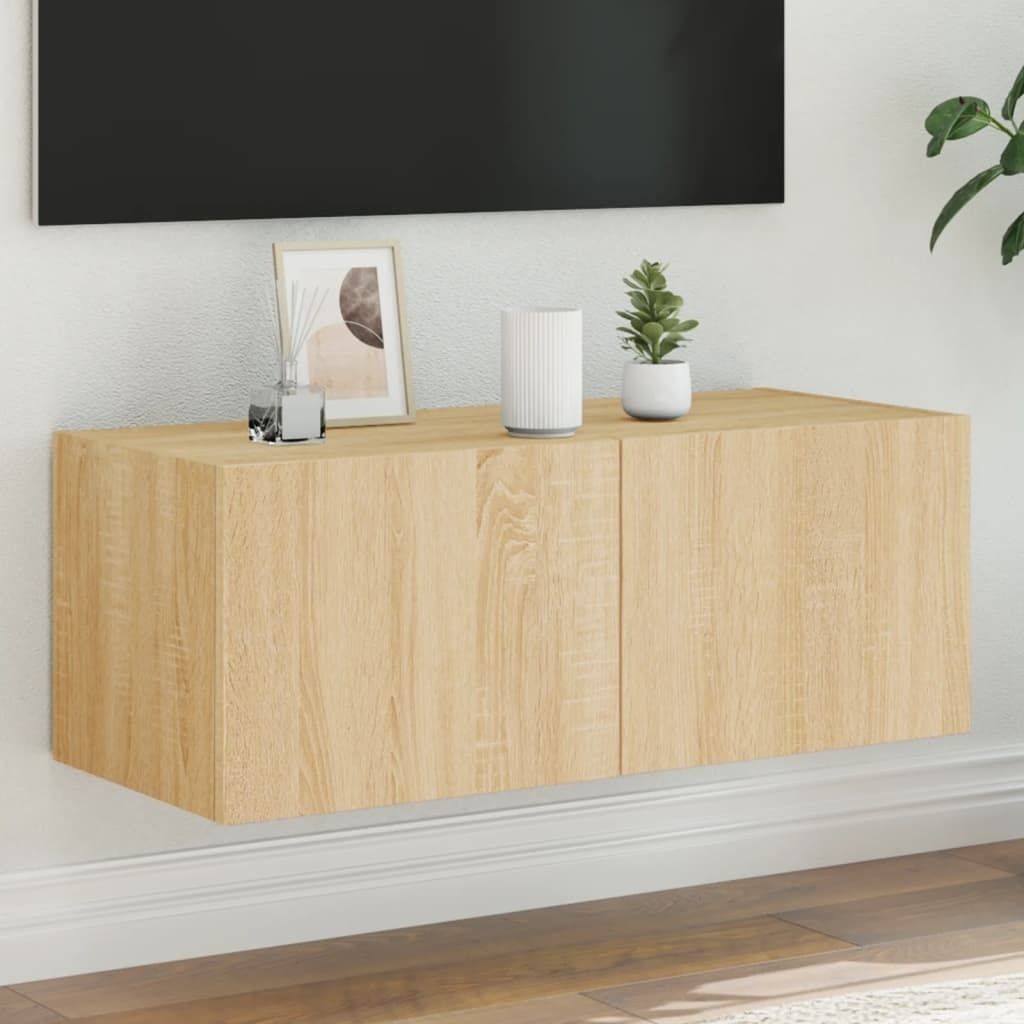 Eleganter TV-Wandschrank - Moderner Stil - Fernsehtisch Wohnzimmer - mit LED-Leuchten Sonoma-Eiche 80x35x31 cm GermanyMöbel 99473 - TV-Schränke