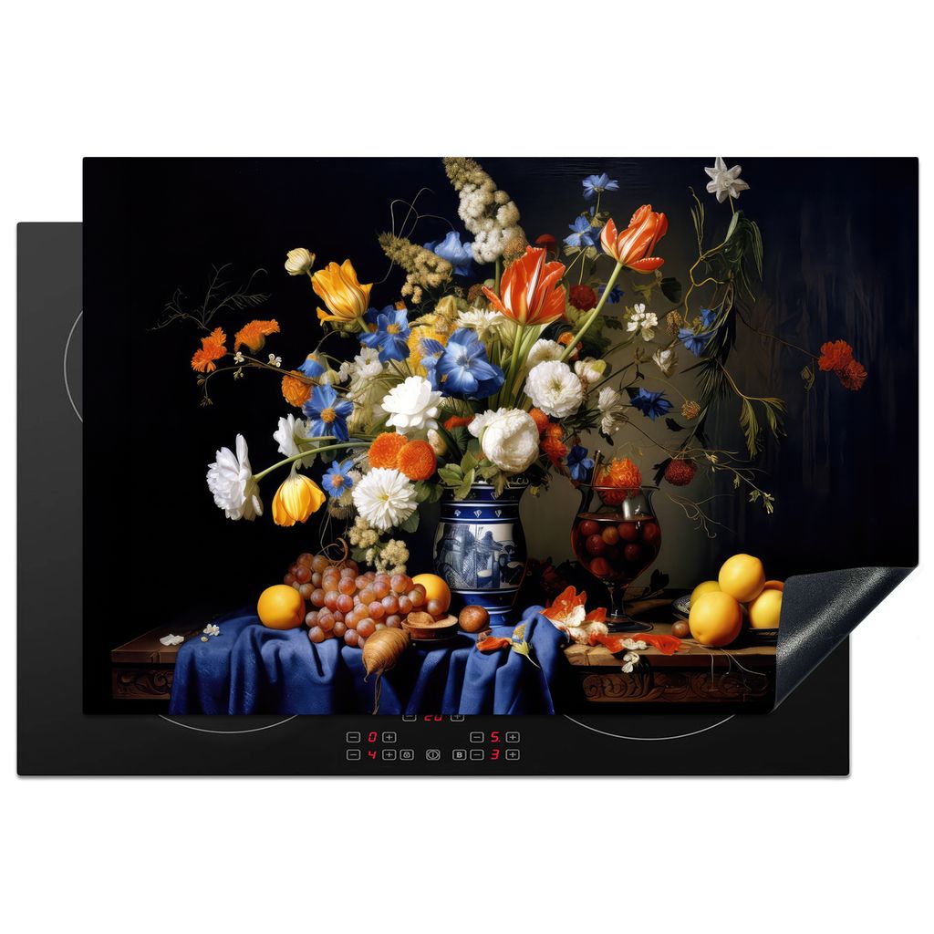 KitchenYeah Herdabdeckplatte Blumen - Obst - Stilleben - Niederländisch , 76x51cm, Küche Deko, Glaskeramikkochfeld Herdabdeckung, Abdeckplatte ...