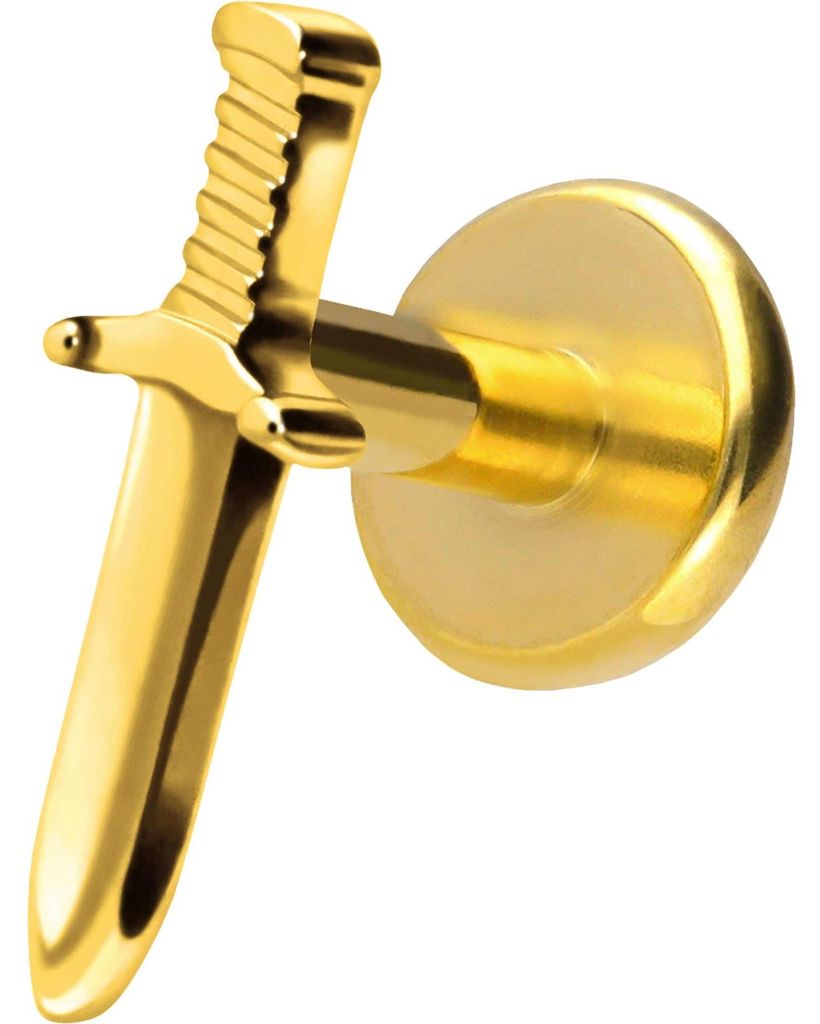 Ohrpiercing, Nasenpiercing Titan Labret mit Push Fit SCHWERT Gold Stablänge: 5mm | Stabstärke: 1,2mm