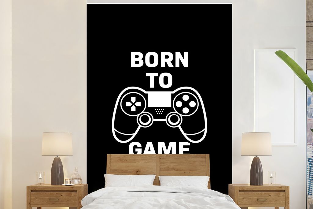 MuchoWow Fototapete für Wohnzimmer oder Schlafzimmer Wandtapete Vinyl Motivtapete Gaming - Zitate - Controller - Zum Spielen geboren - Schwarz -...