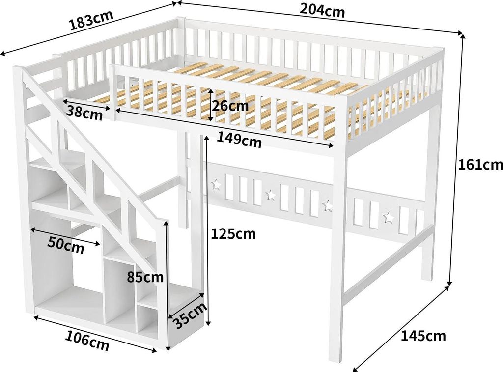 Kinderbett - Hochbett 140x200 cm - Mit Treppe - Rausfallschutz - Stauraum - Massivholz - Weiß