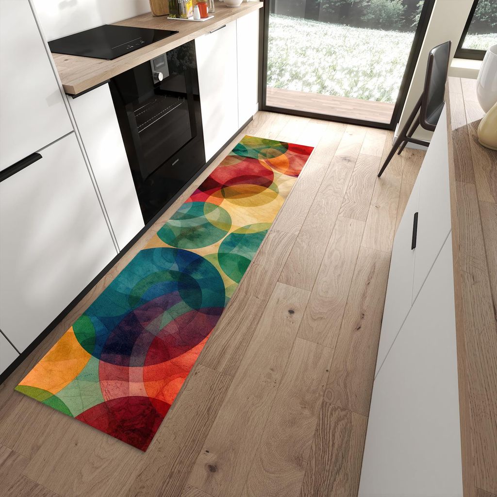 Küchenteppich 60x240cm rutschfest & abwischbar PVC Läufer - Farbenfrohe Kreise