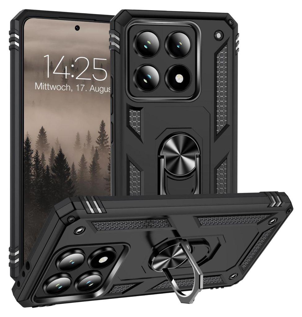 A black protective phone case with a ring stand, shown from multiple angles.