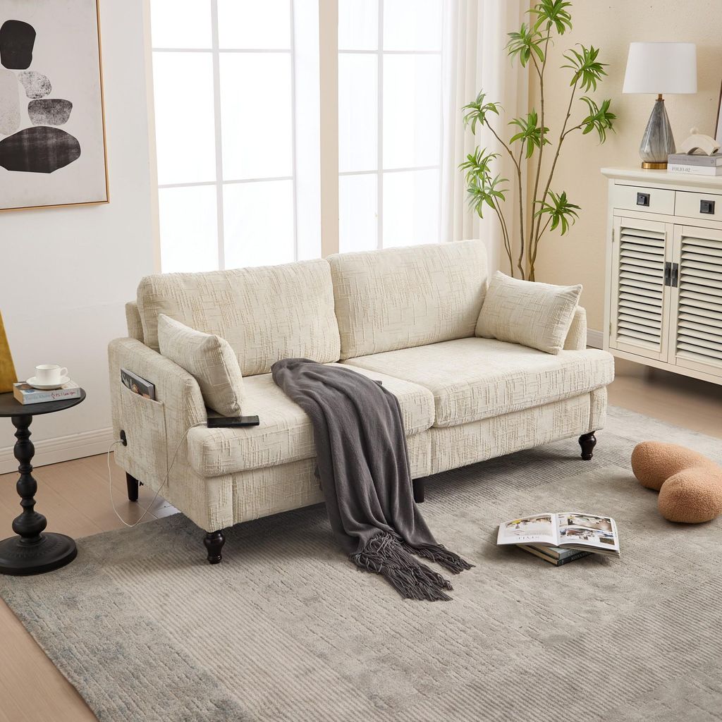 Abrihome 2-Sitzer Chenille-Sofa in Beige mit LED-Beleuchtung, USB & Stauraum – für Wohnzimmer, Schlafzimmer & Büro
