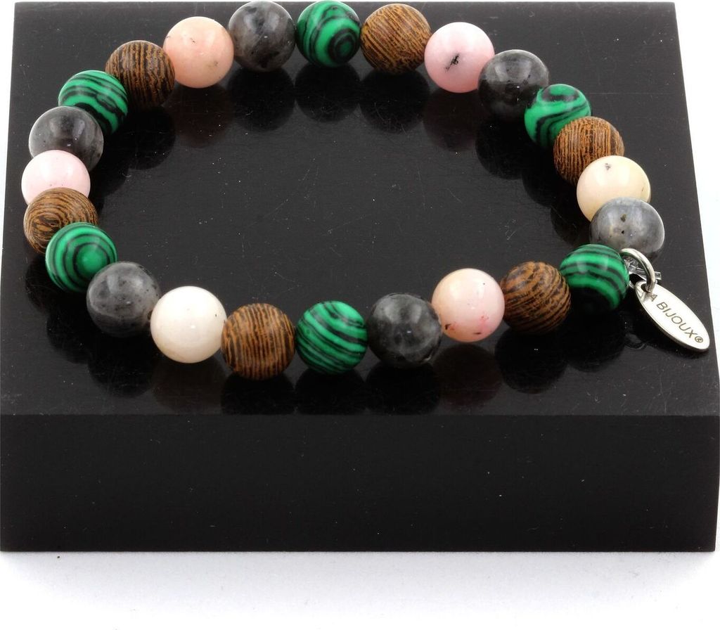 Armband aus rosafarbenen Opalperlen + Labradorit + Malachit + Holz 8 mm