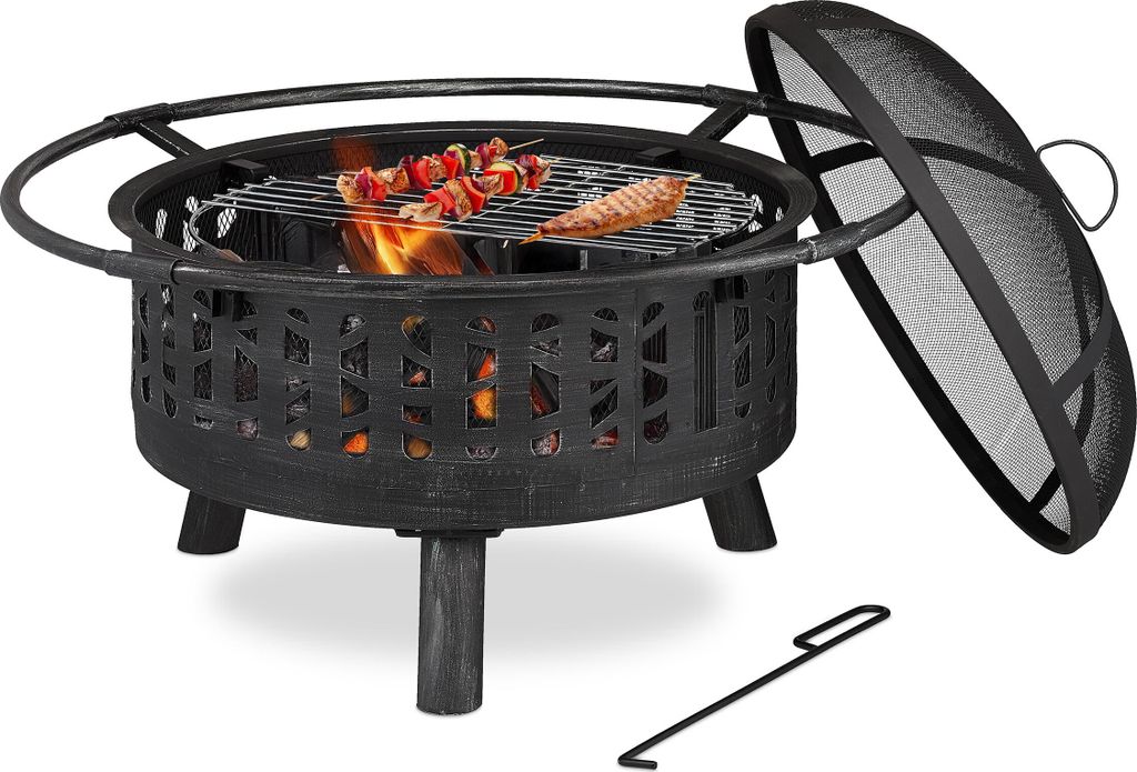 Relaxdays Feuerschale mit Grillrost & Funkenschutz, Produktbild 