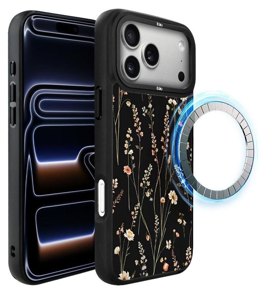 Schutzhülle für das iPhone 17 Pro, MagSafe-kompatibel, mattschwarze Seiten, kleine Blüten auf schwarzem Hintergrund