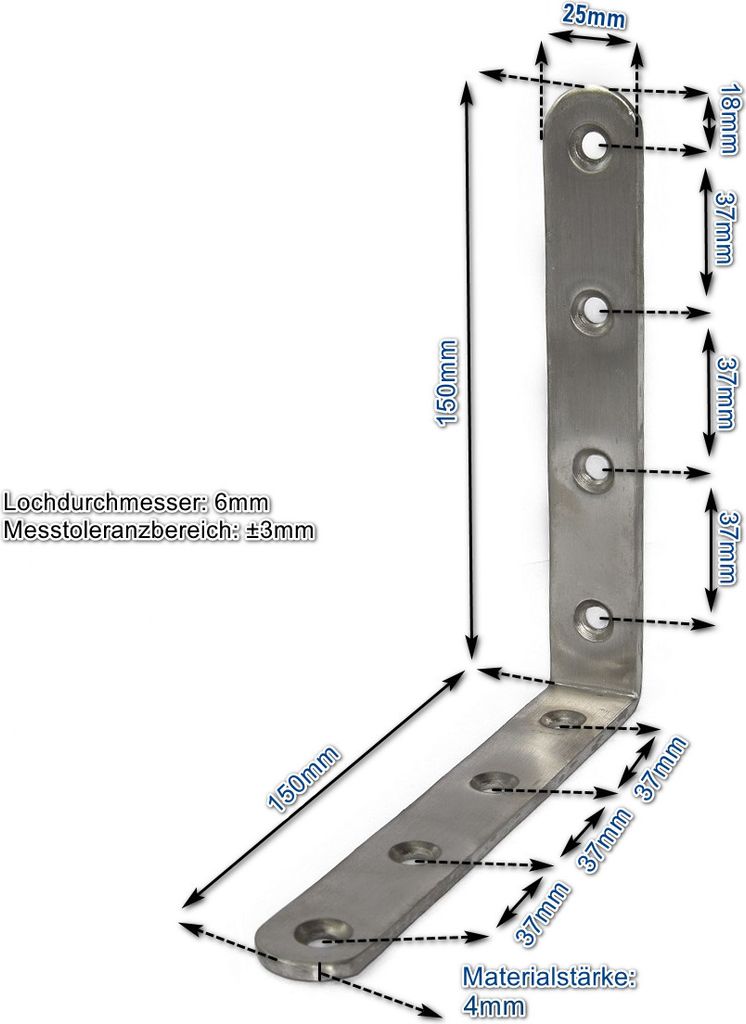 Edelstahl Winkel 150x150x25mm (VE 1Stk) 1x einsetzbar als Lochwinkel, Metallwinkel, Balkenwinkel, Verbinder, Winkelverbinder