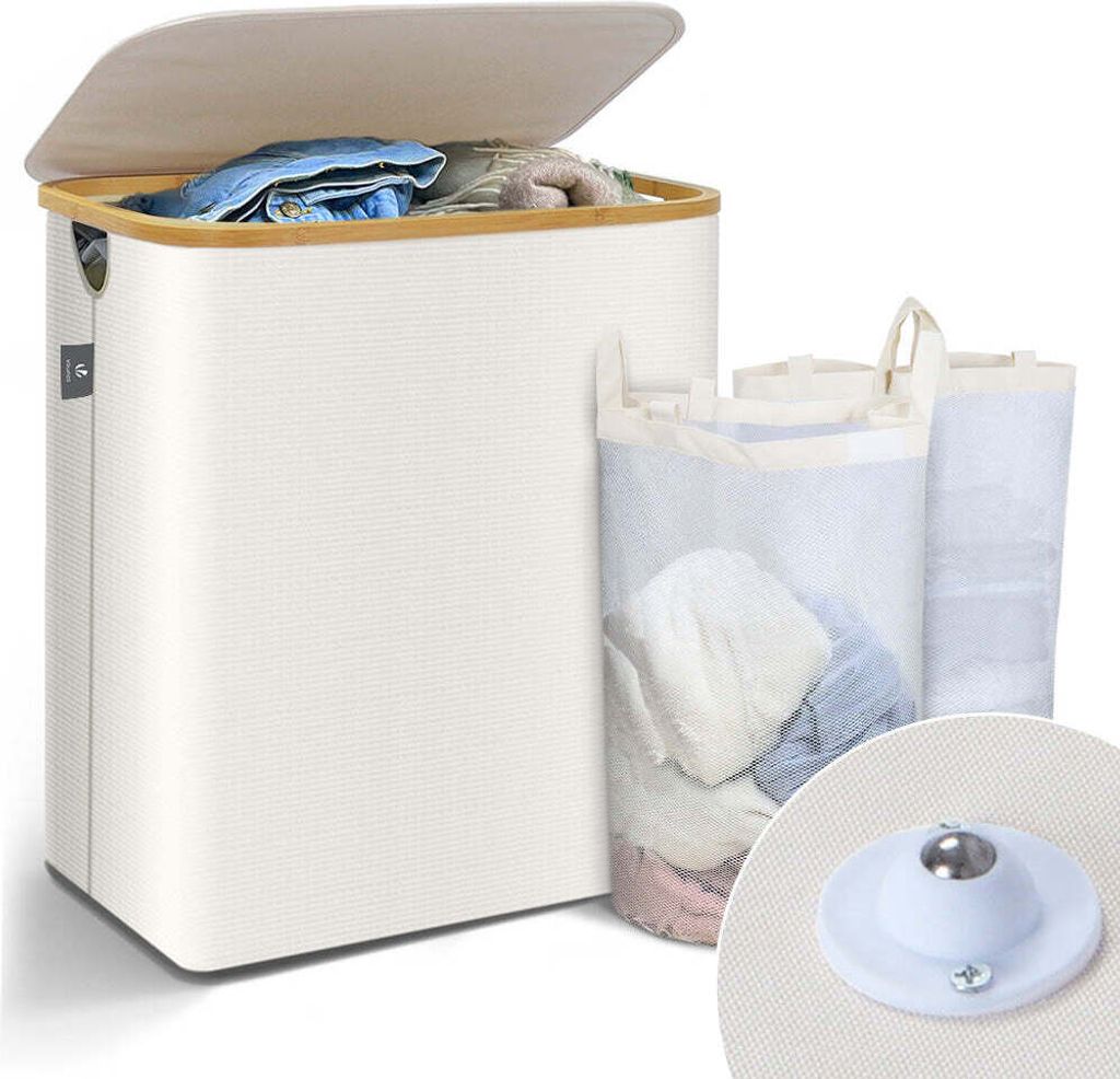 VOUNOT Wäschekorb mit Deckel & Wäschesäcke 145L, Faltbarer Wäschesammler 2 Fächer, Beige