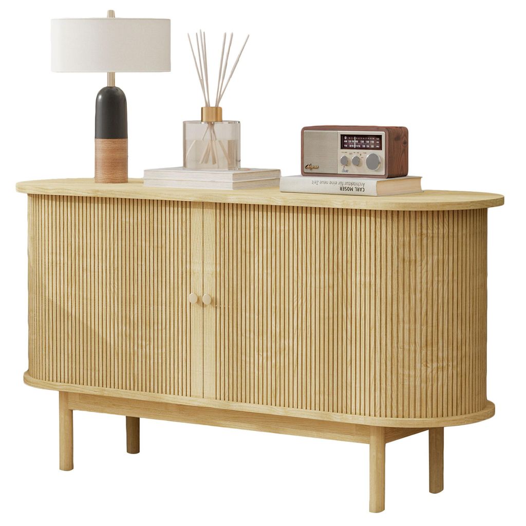 AIORBER Retro Sideboard Holz, Lamellen Kommode mit Schiebetüren und Kiefernholzbeinen, 138cm Schrank verstellbare Regale, Helle Eiche