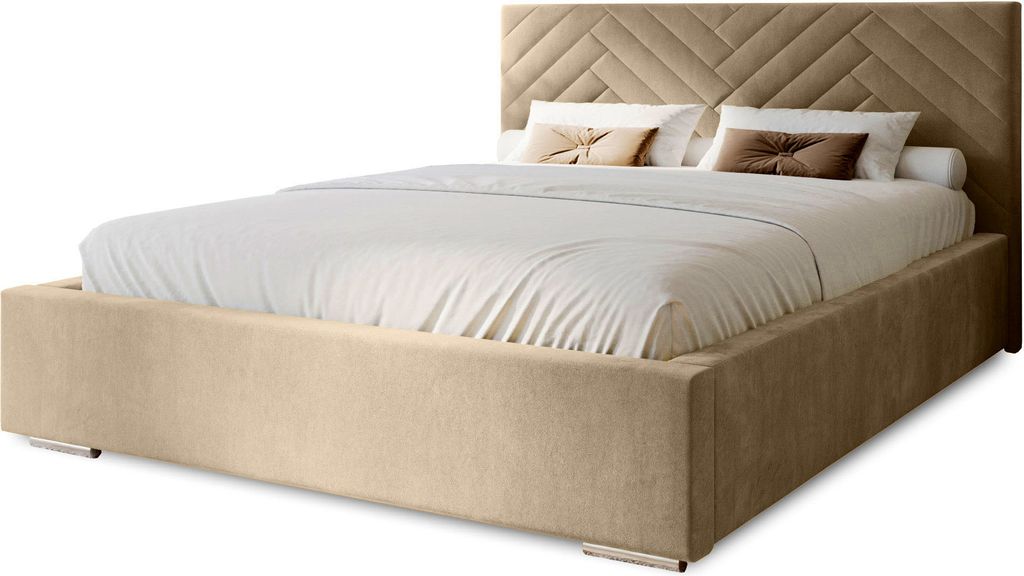 Polsterbett Aura 140x200 cm, Bett mit Kopfteil, Doppelbett mit Bettkasten, Lattenrost und Matratze aus Holz, Velourstoff: Creme