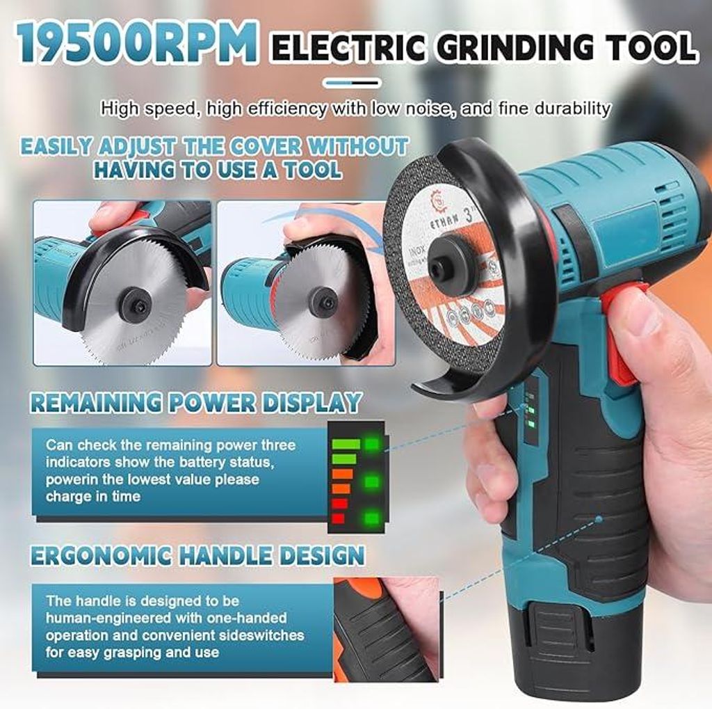 Mini Winkelschleifer, Professional Akku Winkelschleifer Set 12V, Mit 2 Batterien 2000mAh, Trennschleifer, Geeignet zum Schneiden und Poliere von Holz