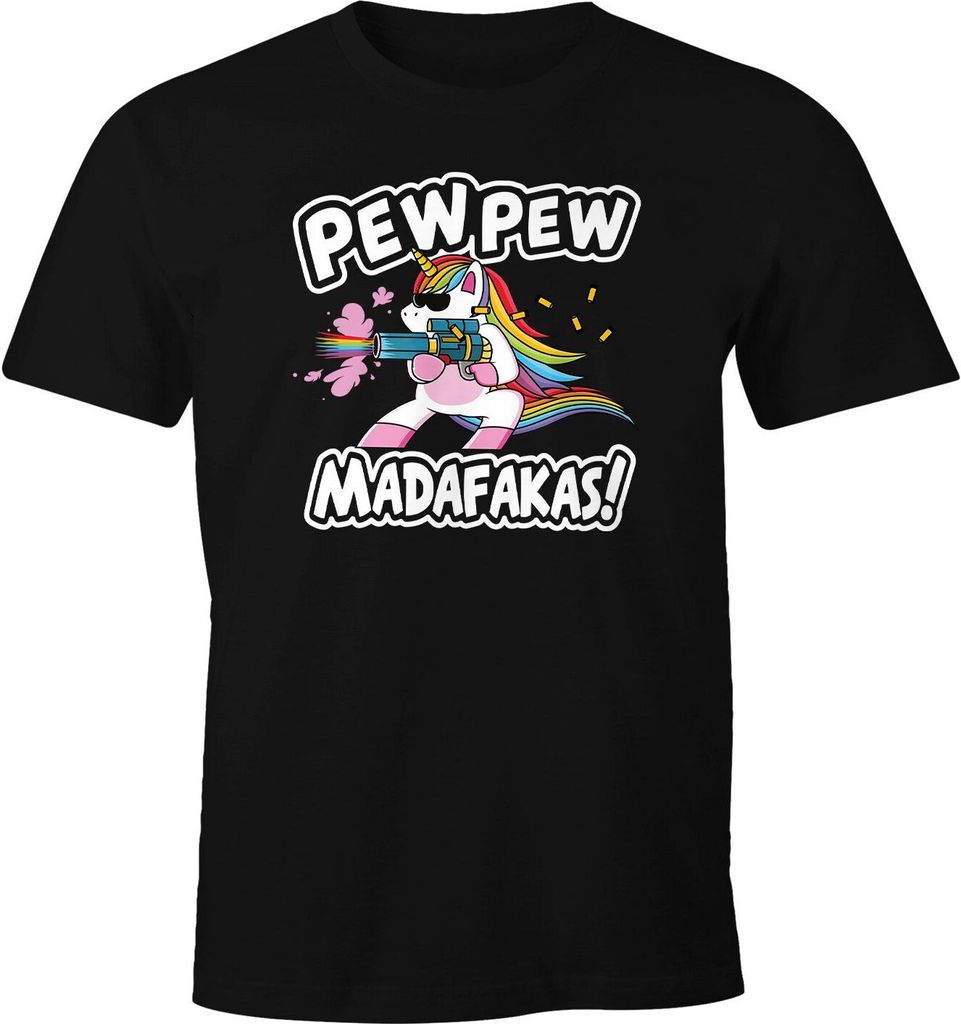 Herren T-Shirt Pew Pew Madafakas böses Einhorn Regenbogen Unicorn Fun-Shirt Spruch lustig Moonworks schwarz M