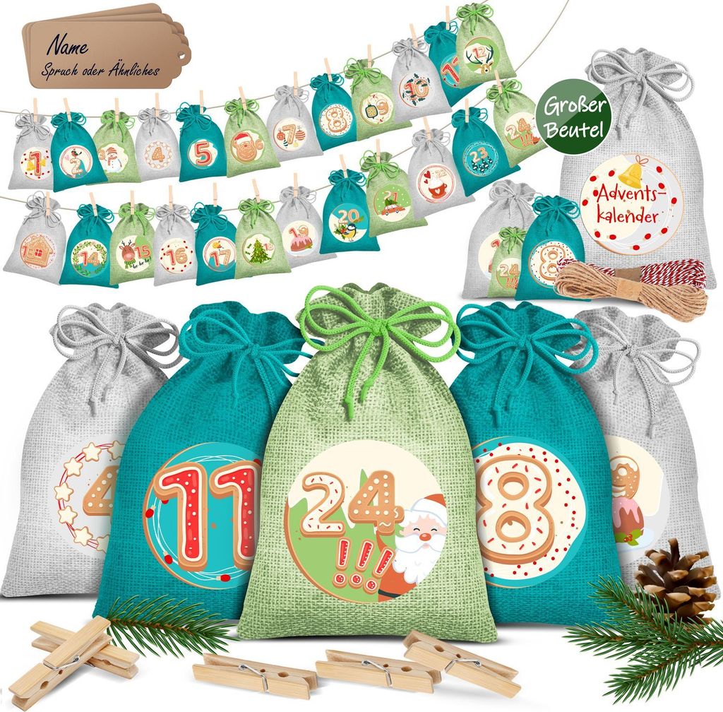 KESSER Adventskalender zum Befüllen 24 Jutebeutel Gedruckte Stoffbeutel Kinder Weihnachtskalender zum Selber Befüllen Inkl.. 24x Schildchen + 1...