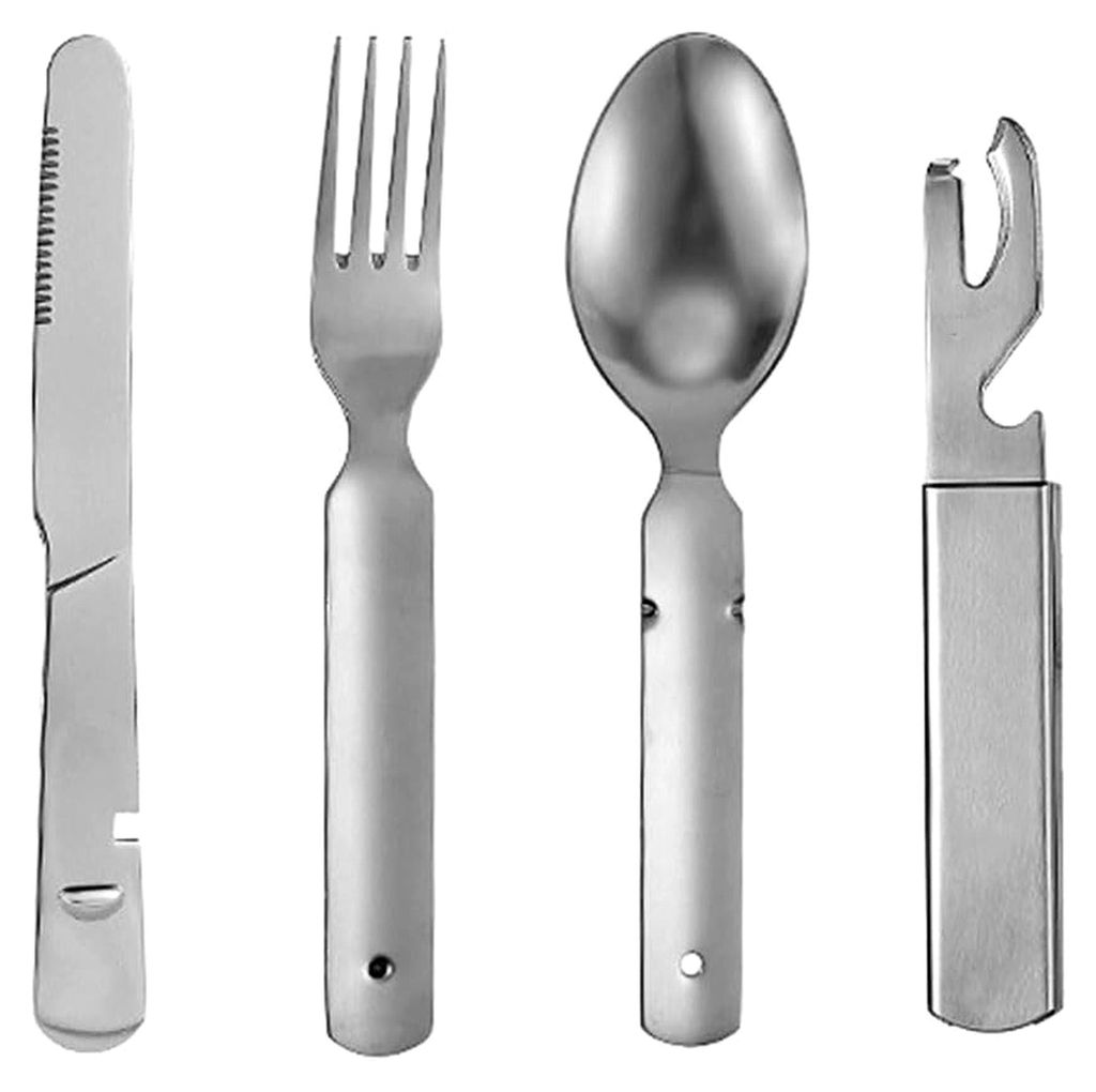 4-teiliges Camping-Besteckset aus Edelstahl mit Messer, Gabel, Löffel und Dosenöffner für Survival-Ausrüstung