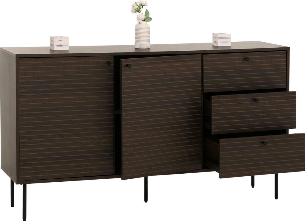 Kommode HWC-N78, Sideboard, 3 Schubladen 2 Türen, skandinavischer Stil Metall Holz Melamin MVG 85x150x40cm dunkelbraun