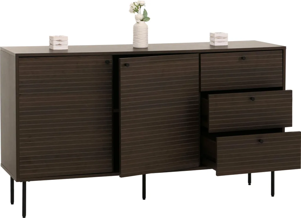 Grand Sideboard 150cm Finition Bois Foncé et Métal avec 3 Tiroirs MVG