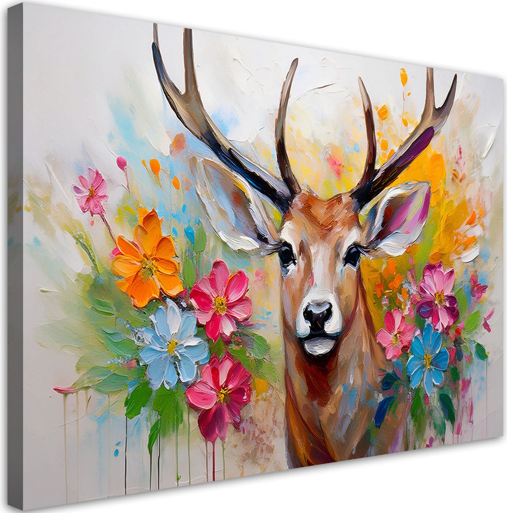 Leinwandbild Hirsch Blumen Abstraktion Tiere 90x60 Feeby Bunt bild für die wand bereit zum aufhängen