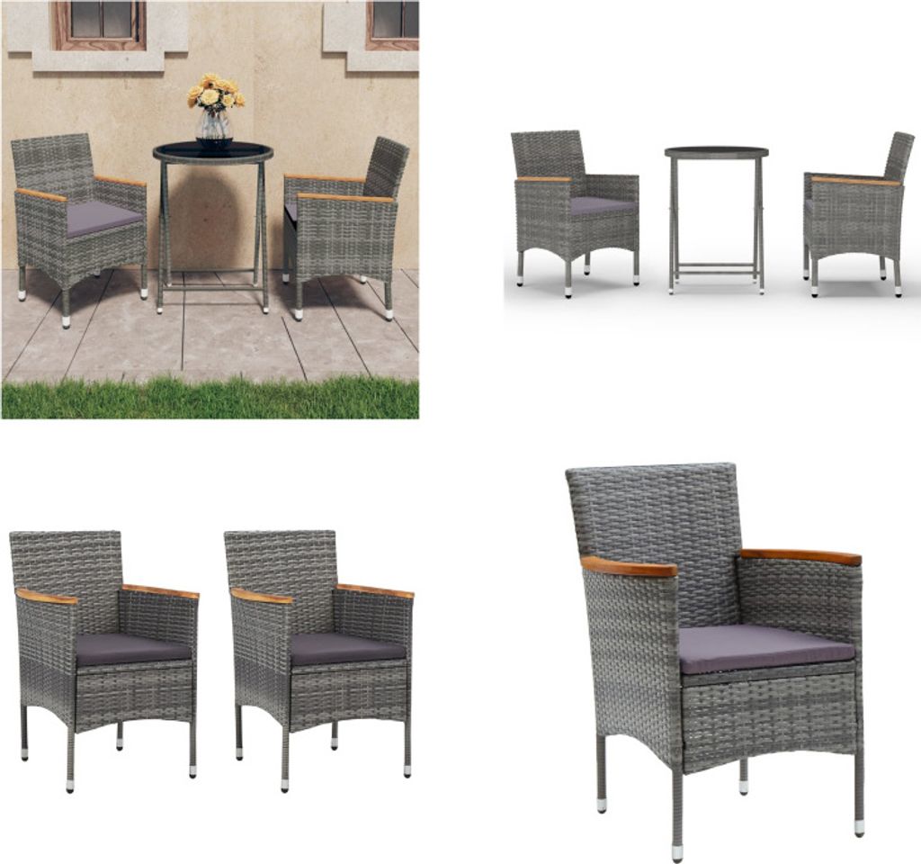 vidaXL 3 tlg. Bistro Set Poly Rattan und Hartglas Grau - Bistroset - Bistrosets - Bistro-Set - Bistro-Sets