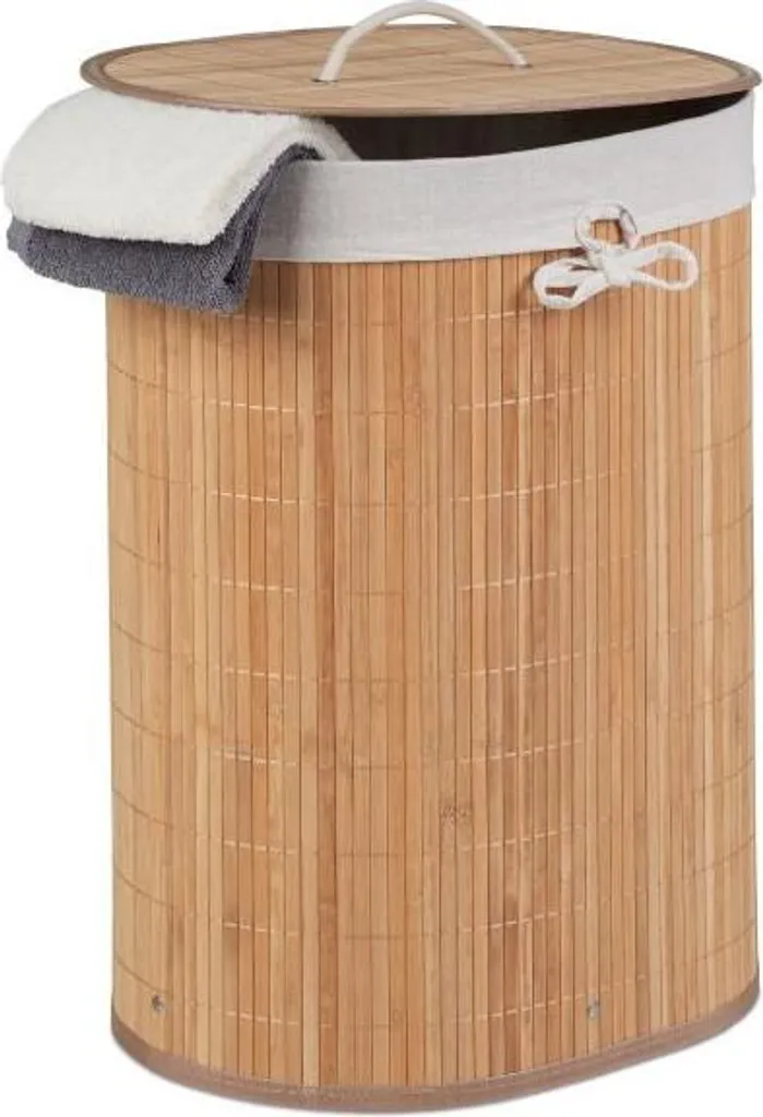 Panier à linge ovale design scandinave en tissu rigide et bois de bambou