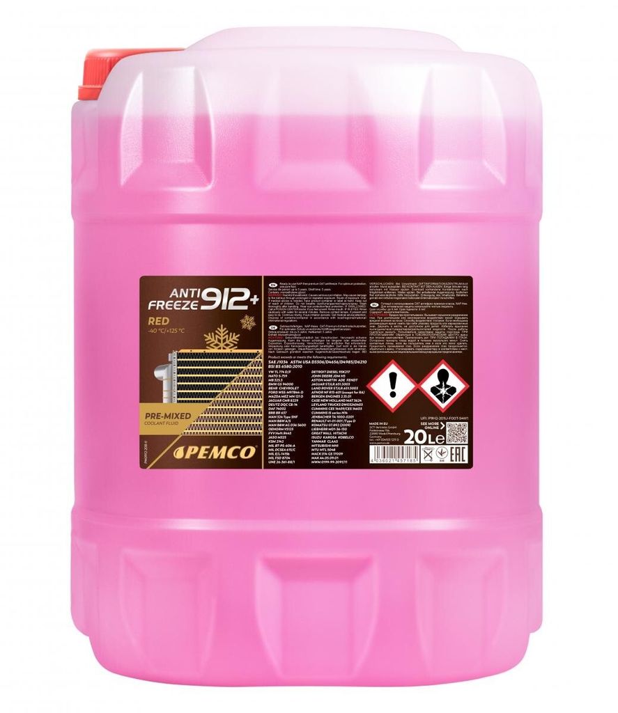 PEMCO 912+ -40 Kühlmittel Kühlerfrostschutz 20L Rot -40°C +125°C Antifreeze Fertigmischung G12+ type D