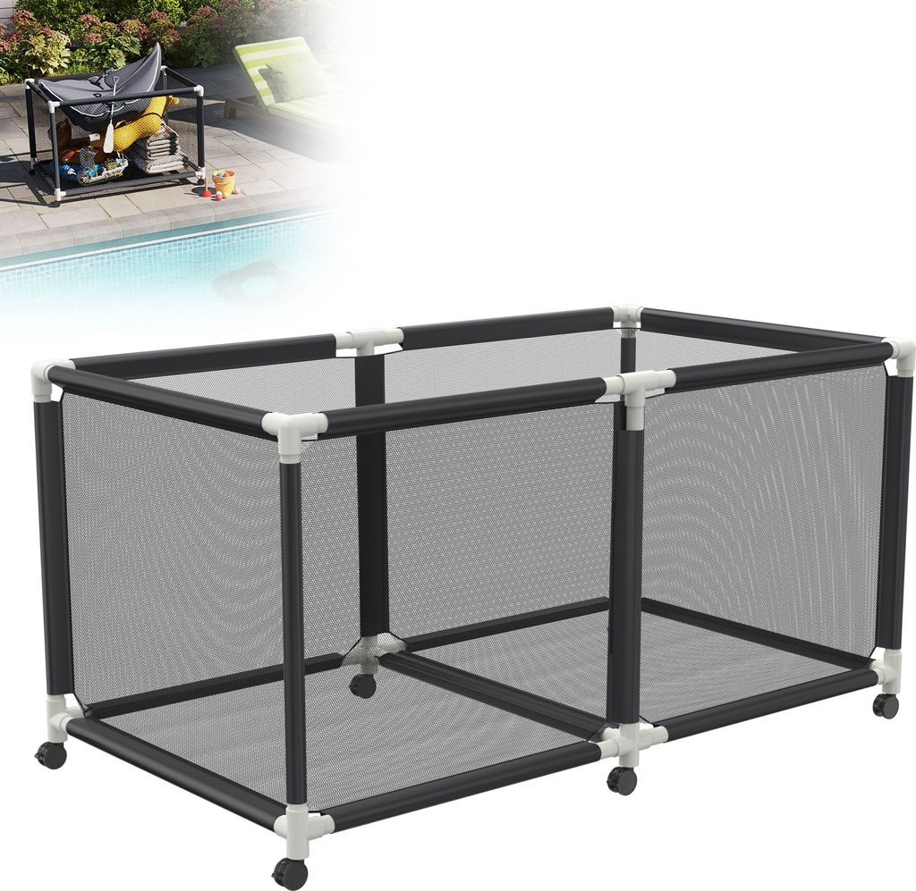 LZQ Pool-Aufbewahrungsbehälter mit Rollen & Netzkorb – 160 x 79 x 88 cm, Organizer für Schwimmringe, Luftmatratzen & Wasserspielzeug, PVC-Rahme...