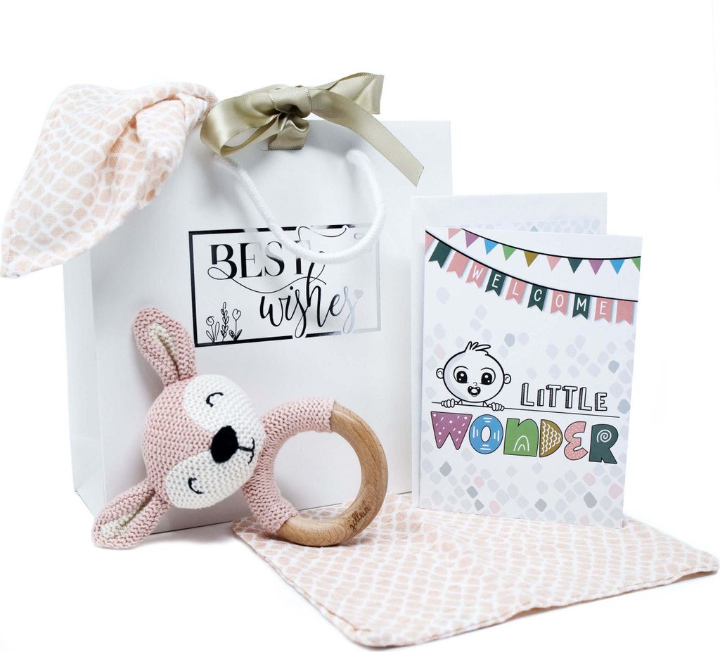 Baby Set Geburt Mädchen Rosa Rassel Geschenk Karte Spucktuch Geschenkset Taufe