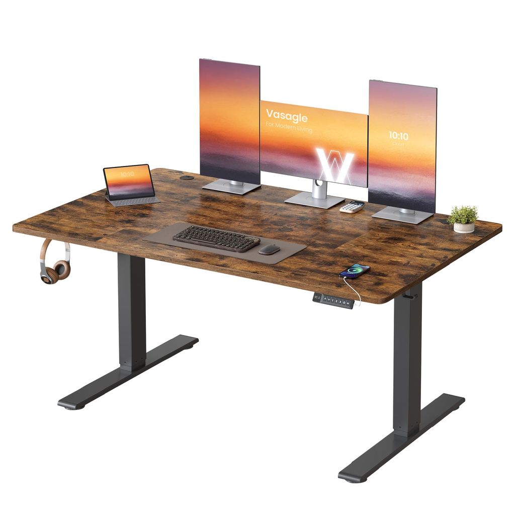 VASAGLE Höhenverstellbarer Schreibtisch, 140 cm, USB-C-Anschluss, Ablage für Steckdosenleiste, Erinnerung bei langem Sitzen, 3 Speichertasten