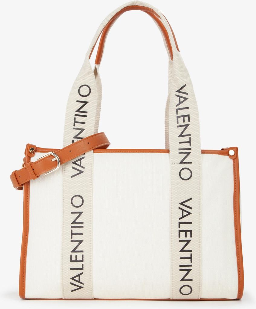 A white Valentino Bags Shopper Candle Shopping bag with brown trim and handles.