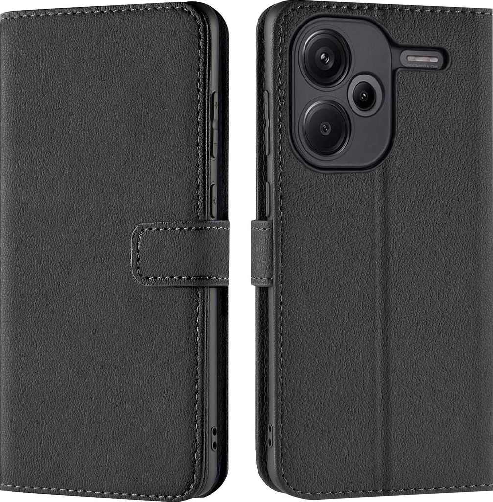 A black flip case for a smartphone is shown from two angles.