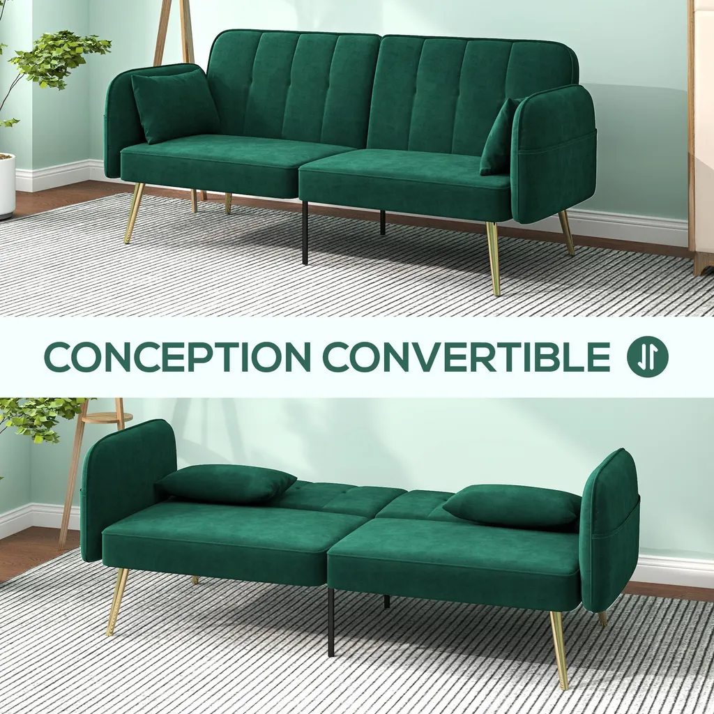 Canapé convertible gain de place : lit d'appoint 2 places velours vert - 6