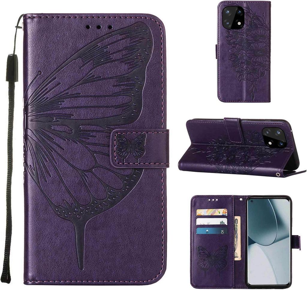 OnePlus 10 Pro Hülle, Schmetterling Prägung Flip Leder Kartenfächer Schutzhülle Ledertasche mit Ständer für OnePlus 10 Pro Lila