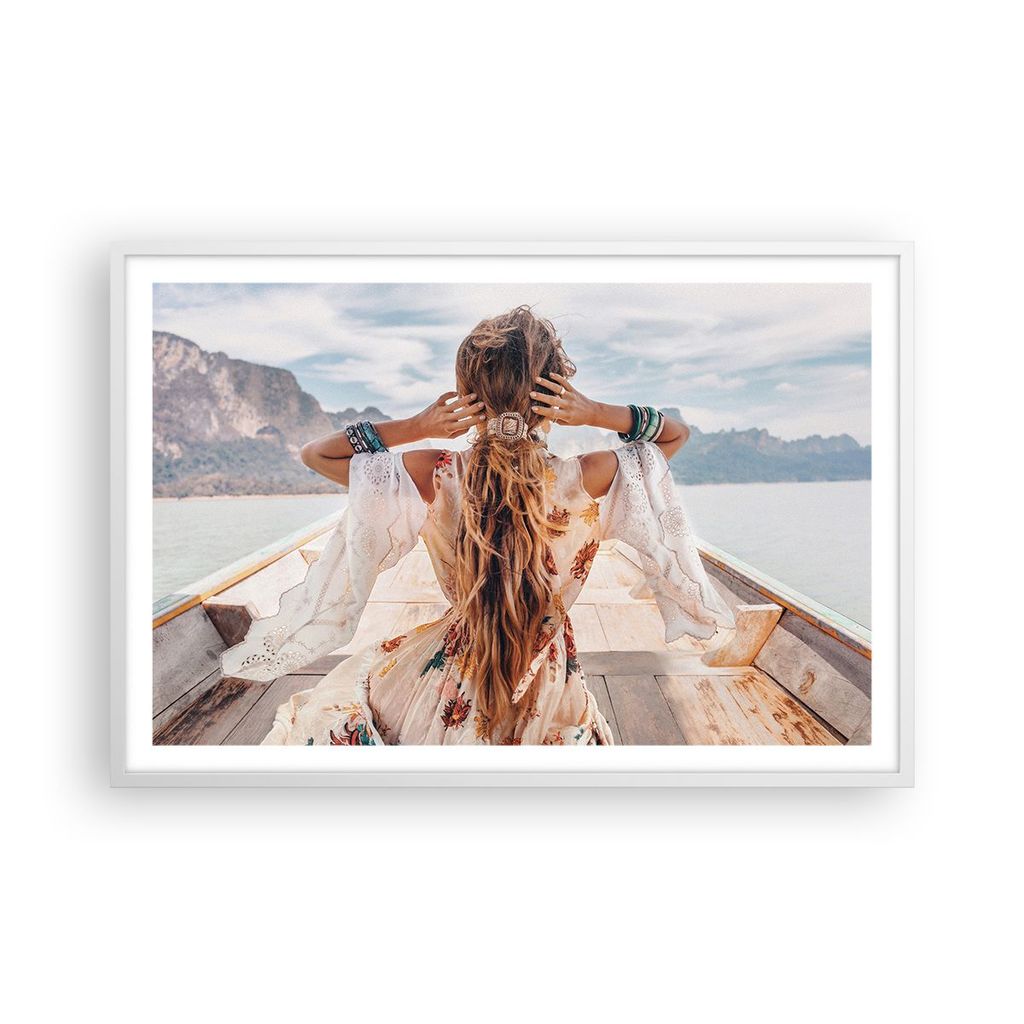 Gerahmtes Poster - Weißer Rahmen - Frau Boot Rücken - 91,5x61 cm - Wand Bild - Wanddeko - Wandbilder - Kunstposter - Wandposter - Bilderrahmen - ...