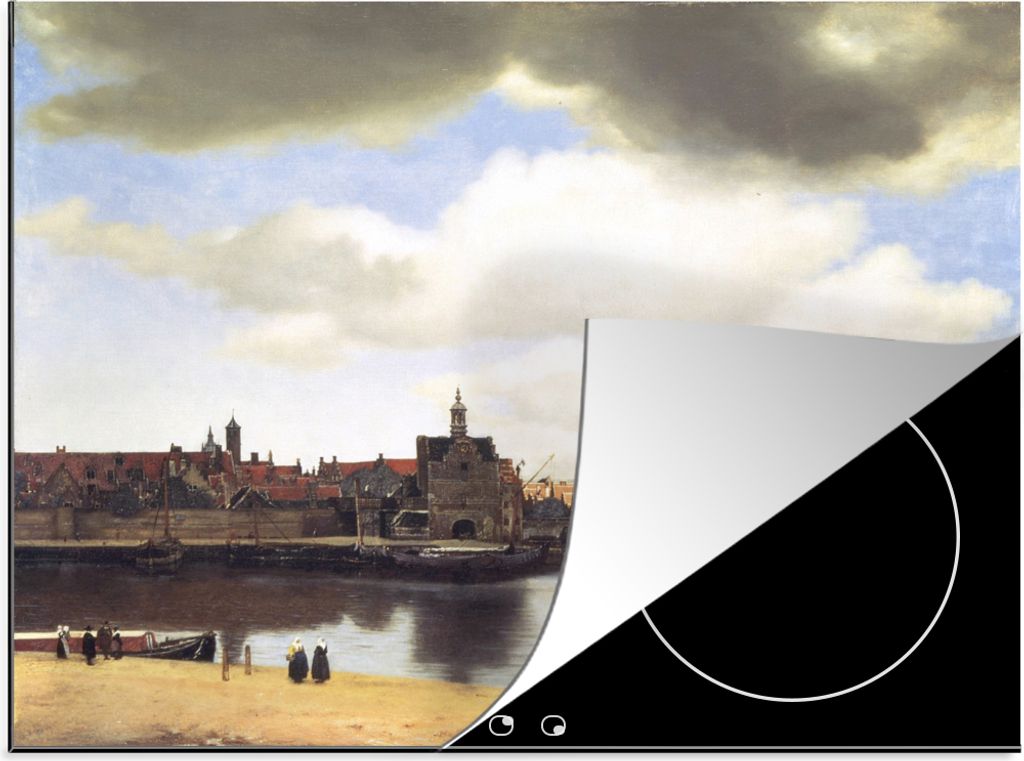 KitchenYeah Herdabdeckplatte Ansicht von Delft - Johannes Vermeer , 58x51cm, Küche Deko, Glaskeramikkochfeld Herdabdeckung, Abdeckplatte fùr Ko...