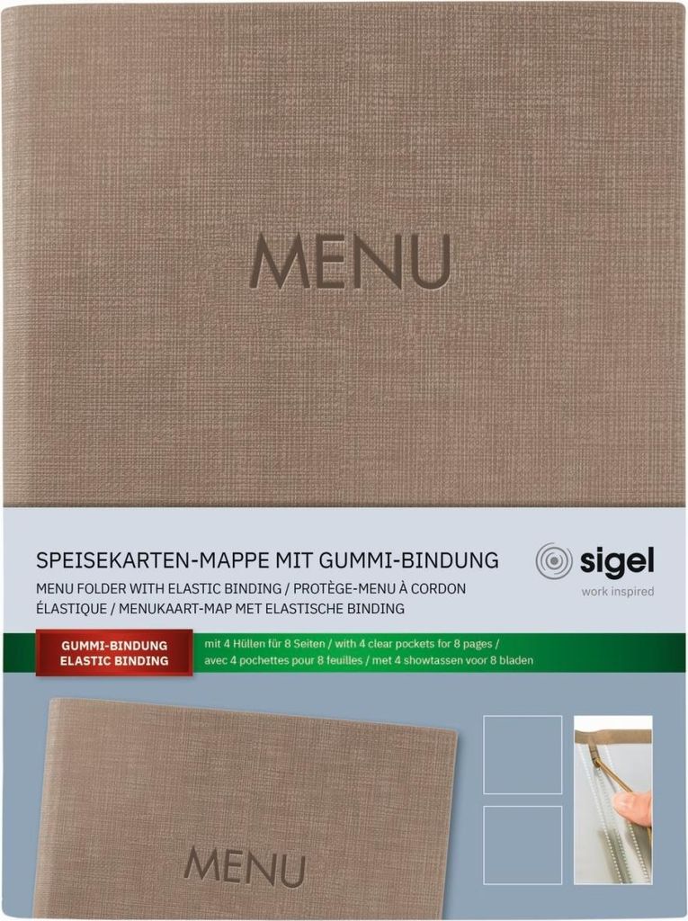 Speisekarten-Mappe Gummi-Bindung Blindprägung MENU A5 beige Packung mit 5 Stück