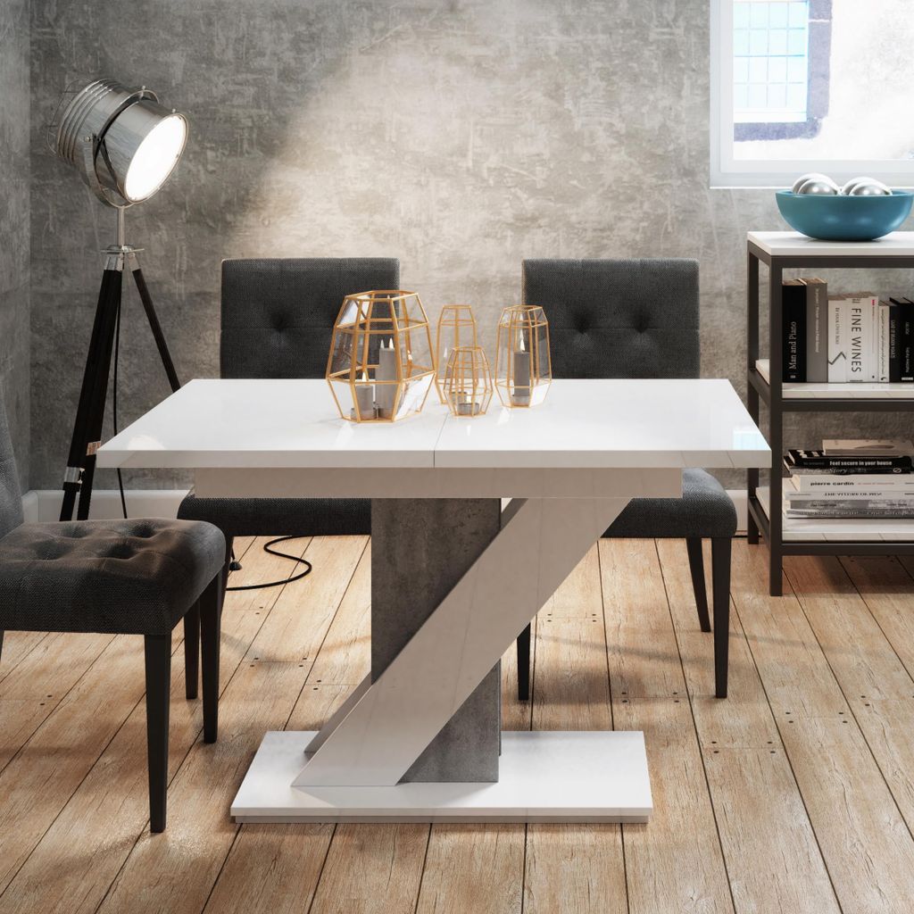 Esstisch Ausziehbar 120-160 cm für 6 Personen Mavea – Weiß Hochglanz & Betonoptik