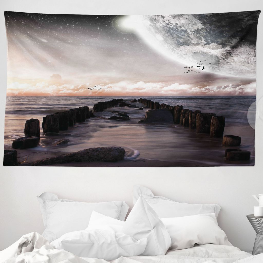 ABAKUHAUS Platz Wandteppich, Old Pier Meer und Strand aus Weiches Mikrofaser Stoff Waschbar ohne Verblassen Digitaldruck, 230 x 140 cm, Pink Blau