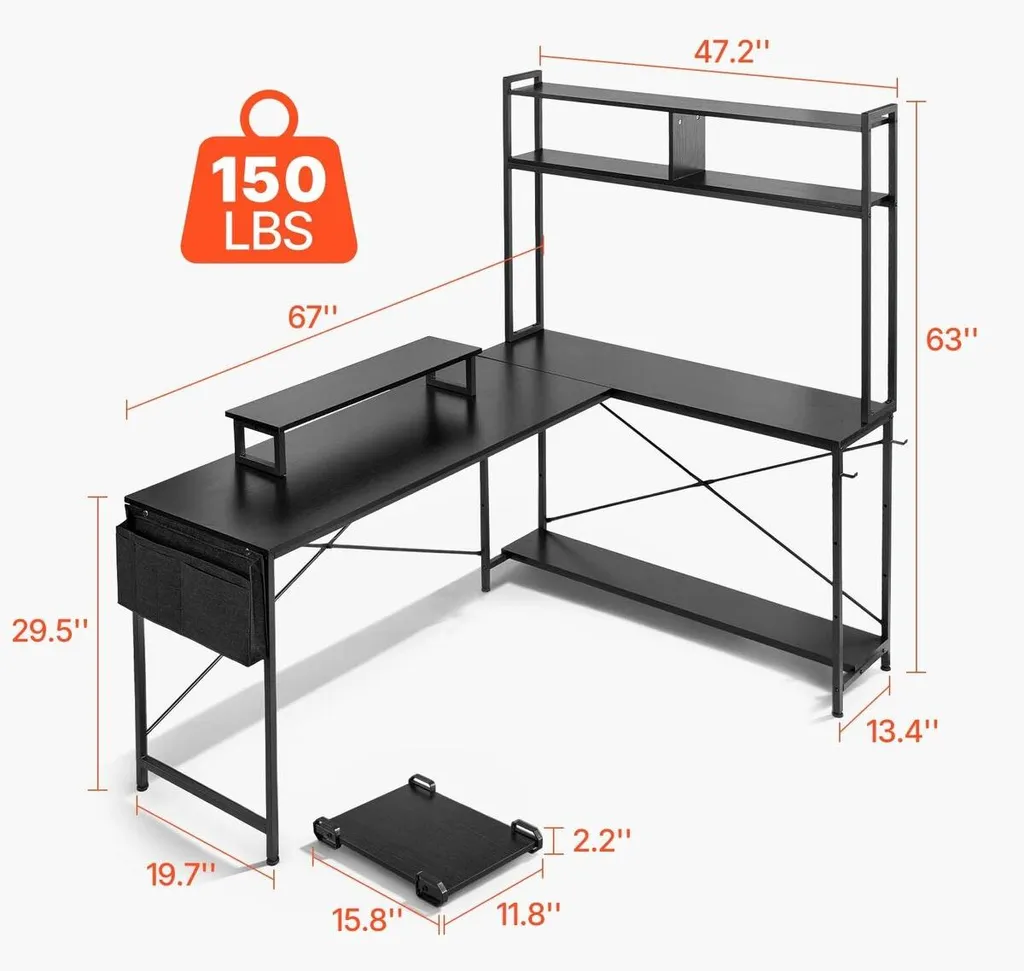 Bureau d'ordinateur en L 170cm avec support d'écran, table d'angle réversible - 2
