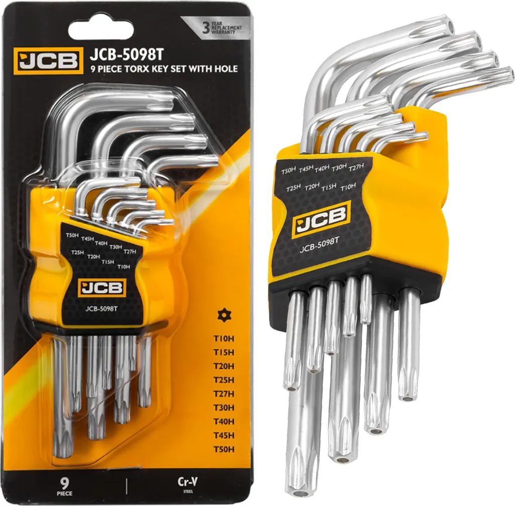 JCB Set Chiavi TORX L Security 9 Pezzi | T10H a T50H | Acciaio S2/Cr-V