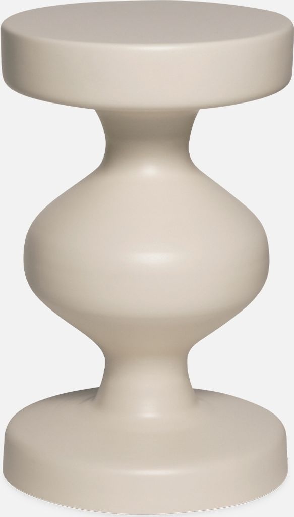 A single, cream-colored side table with a unique hourglass shape.