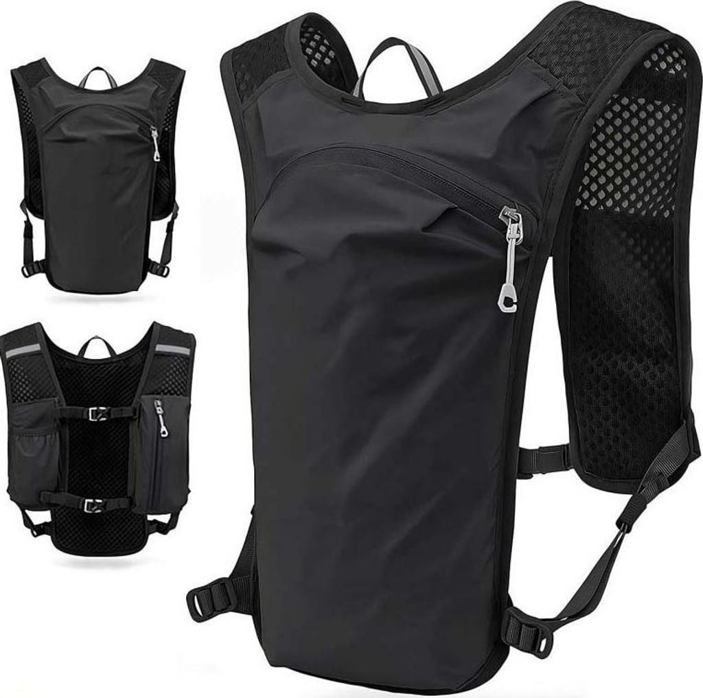 Atmungsaktiver Sport-Rucksack mit Trinksystem: Für Radfahren, Laufen & Wandern. Graue, vest-ähnliche Passform. Leicht, stabil & vielseitig